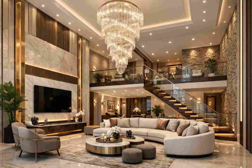 Luxury double height living room with crystal chandelier, marble wall, modern staircase, curved sofa, and warm lighting.
