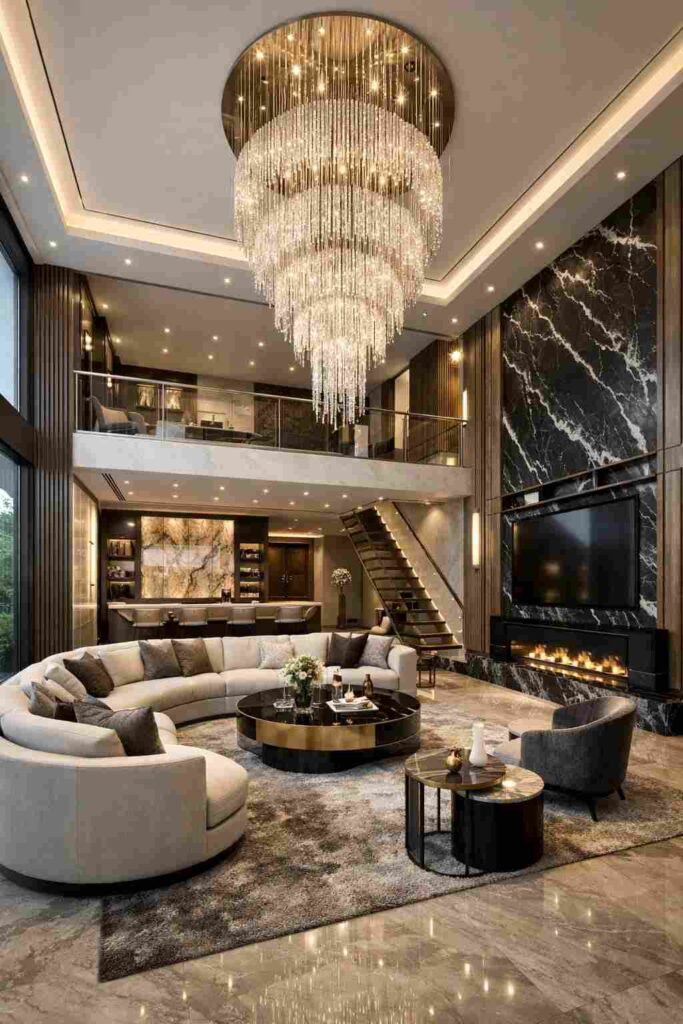 Luxury double height living room interior with crystal chandelier, marble wall design, curved sofa seating, fireplace, and modern mezzanine layout.