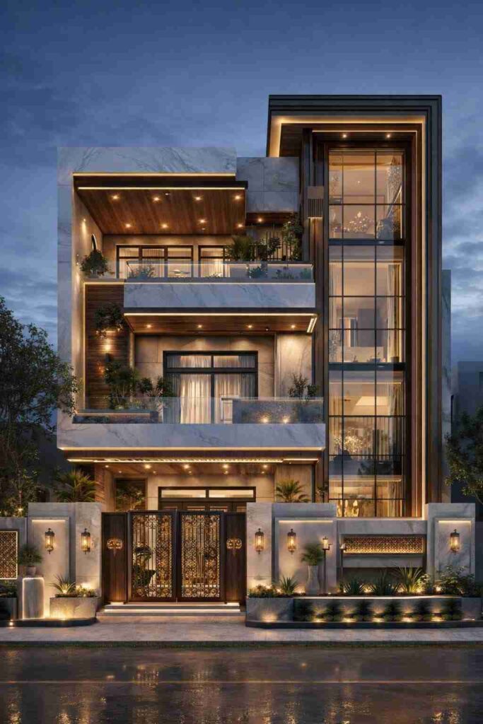 Modern luxury three-storey house exterior with glass facade, warm LED lighting, marble finish, wooden panels, balconies with plants, and stylish front gate at night.