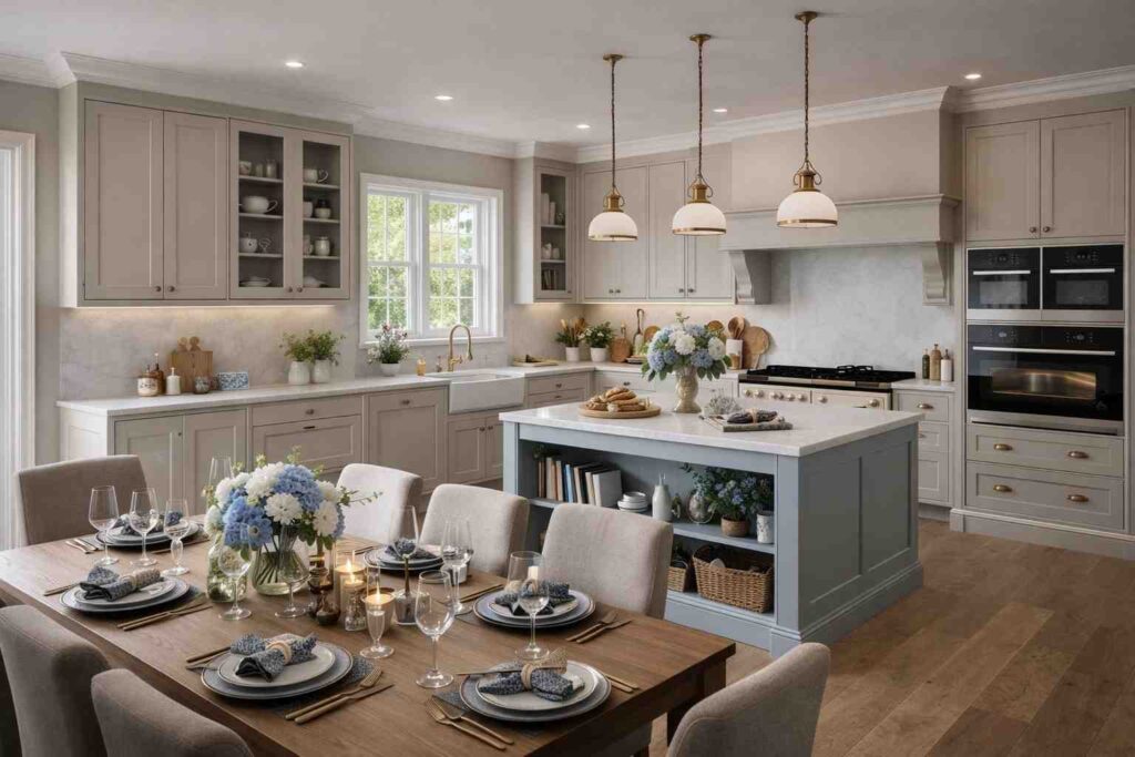 Modern luxury kitchen interior with island, beige cabinets, pendant lights, and elegant dining table setup