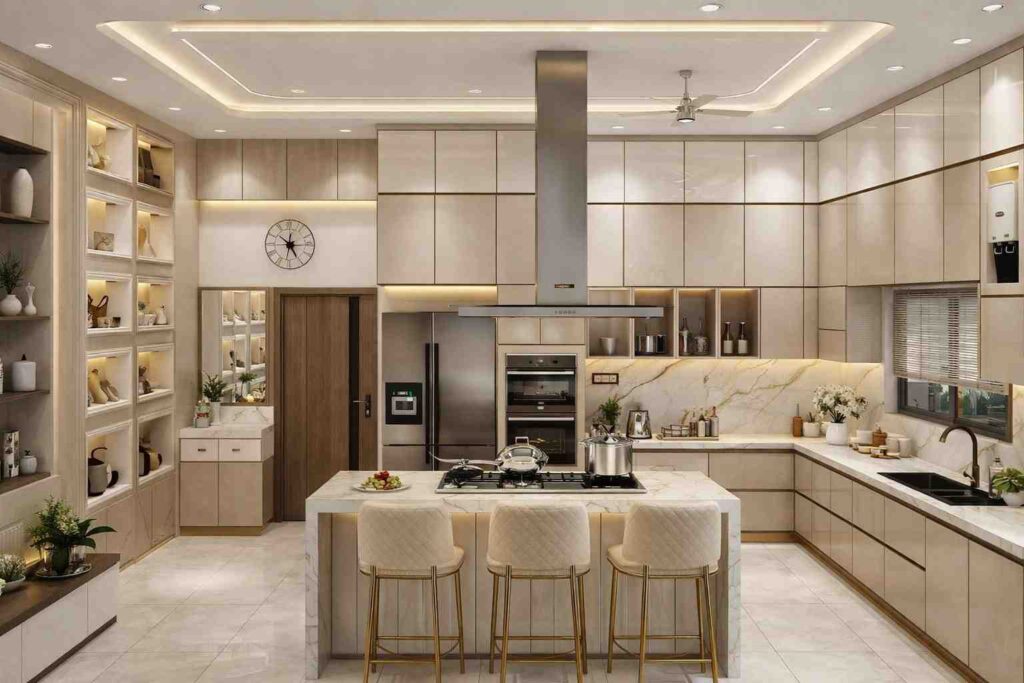 Modern luxury kitchen interior with beige cabinets, marble island, bar stools, built-in appliances, and warm ambient lighting.