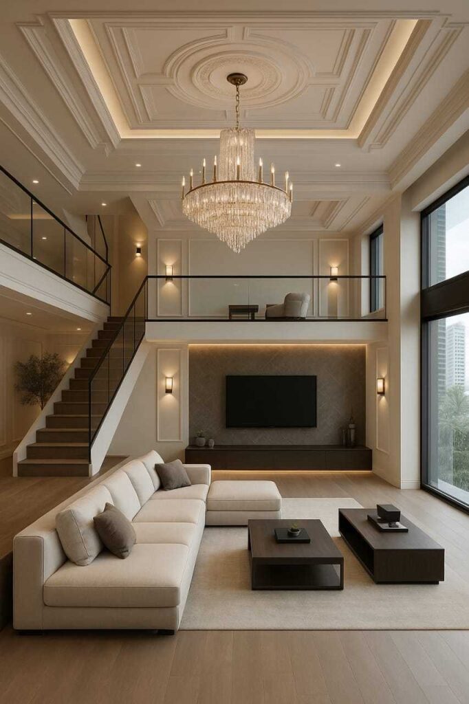 Elegant double height living room with crystal chandelier, wooden staircase, neutral sofa, modern ceiling design and large windows