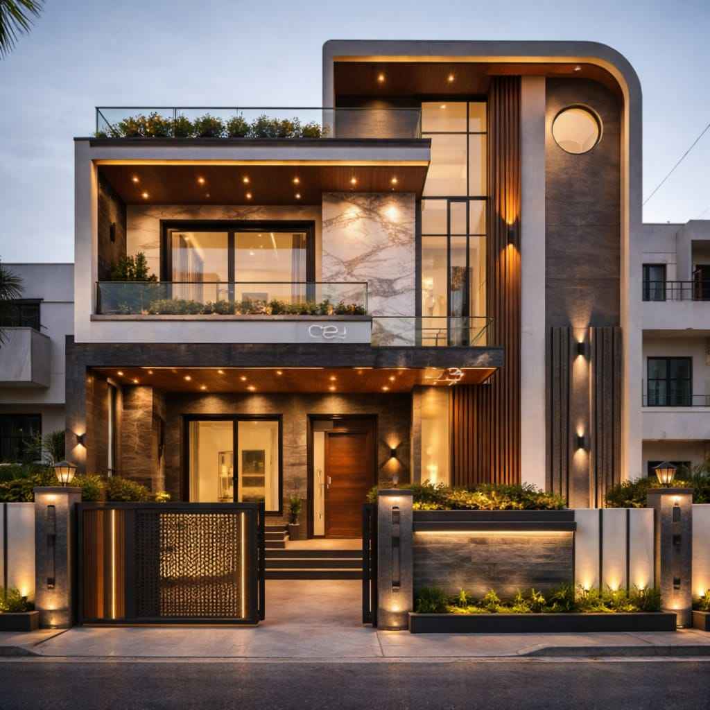 Modern luxury house with curved facade, marble finish, wooden panels, glass balcony, warm lighting, and stylish front gate with landscaped exterior.