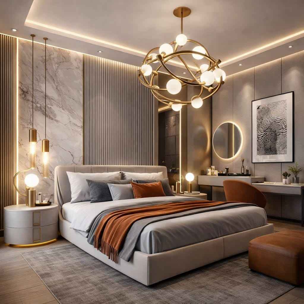 Modern luxury bedroom with gold chandelier, marble accent wall, upholstered bed, vanity mirror with LED light, and warm ambient lighting design.