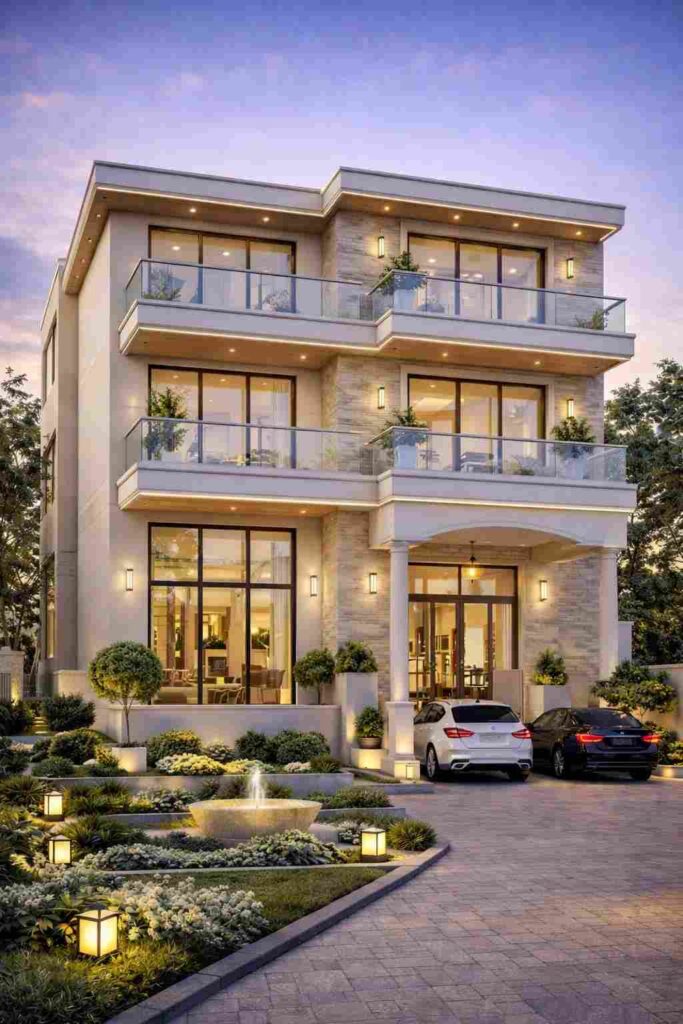 Modern luxury villa with glass balconies, stone finish exterior, warm lighting, landscaped garden, water fountain, and spacious driveway with cars.