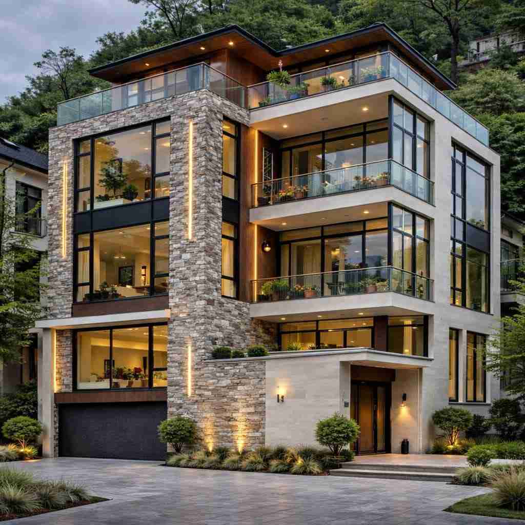Modern luxury villa with stone facade, large glass windows, multiple balconies, warm lighting, and greenery surroundings in a scenic location.