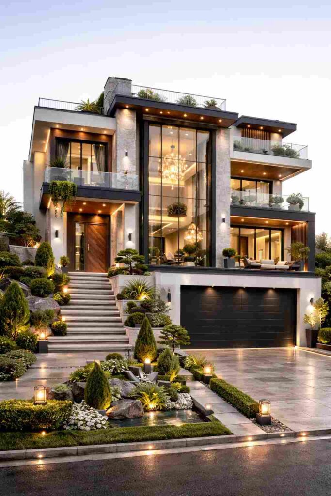 Ultra luxury modern villa with large glass facade, stone and wood finish, landscaped garden, water feature, warm lighting, and spacious driveway with garage.