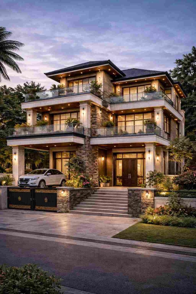 Modern luxury villa with stone exterior, glass balconies, warm lighting, landscaped garden, wide entrance steps, and stylish multi-storey design.