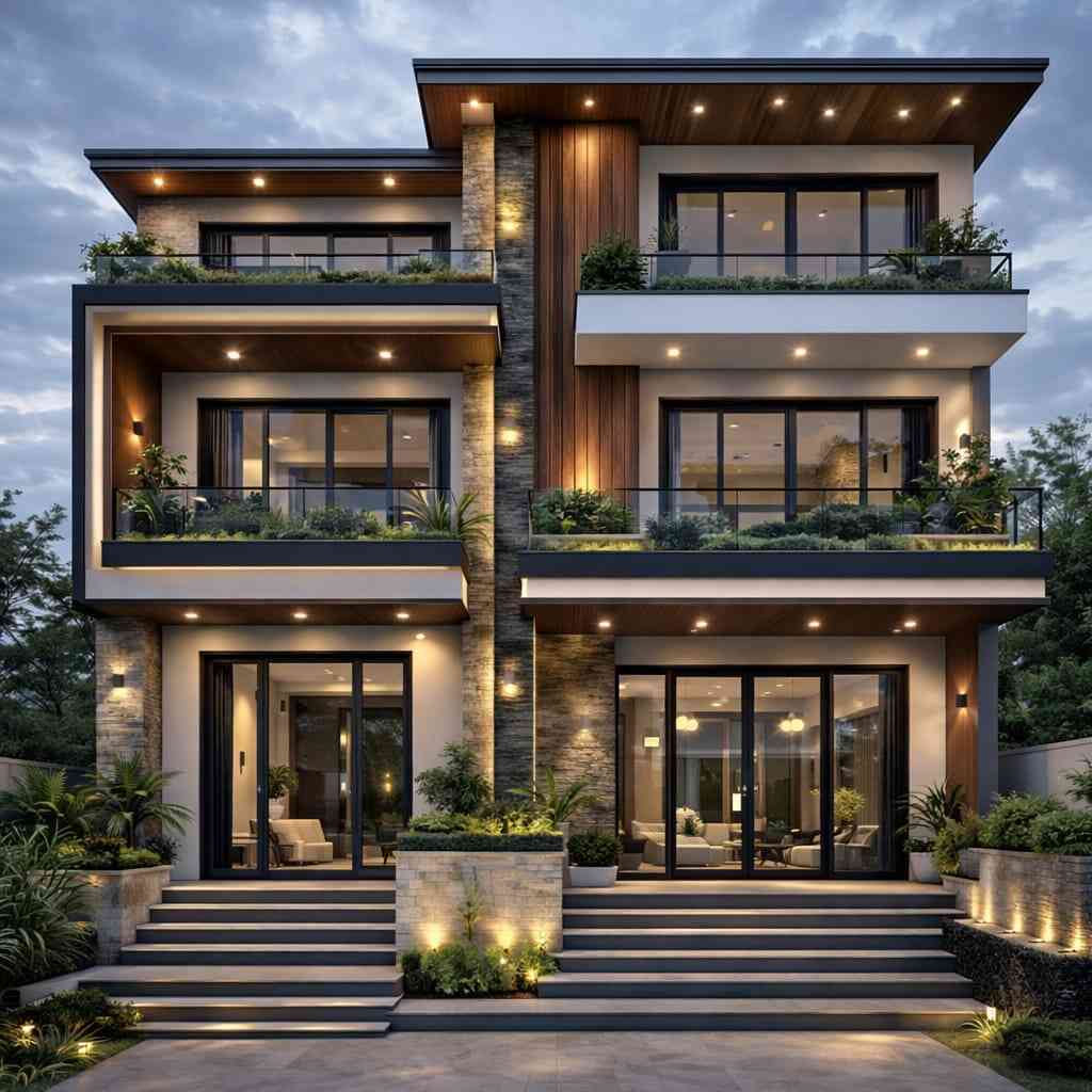 Modern luxury duplex house exterior with stone and wood finish, glass balconies, warm lighting, greenery, and stylish front entrance with steps.