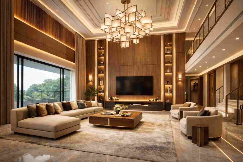 Modern luxury living room with wooden wall paneling, designer chandelier, beige sofa set, large TV unit, and ambient lighting with glass window view.