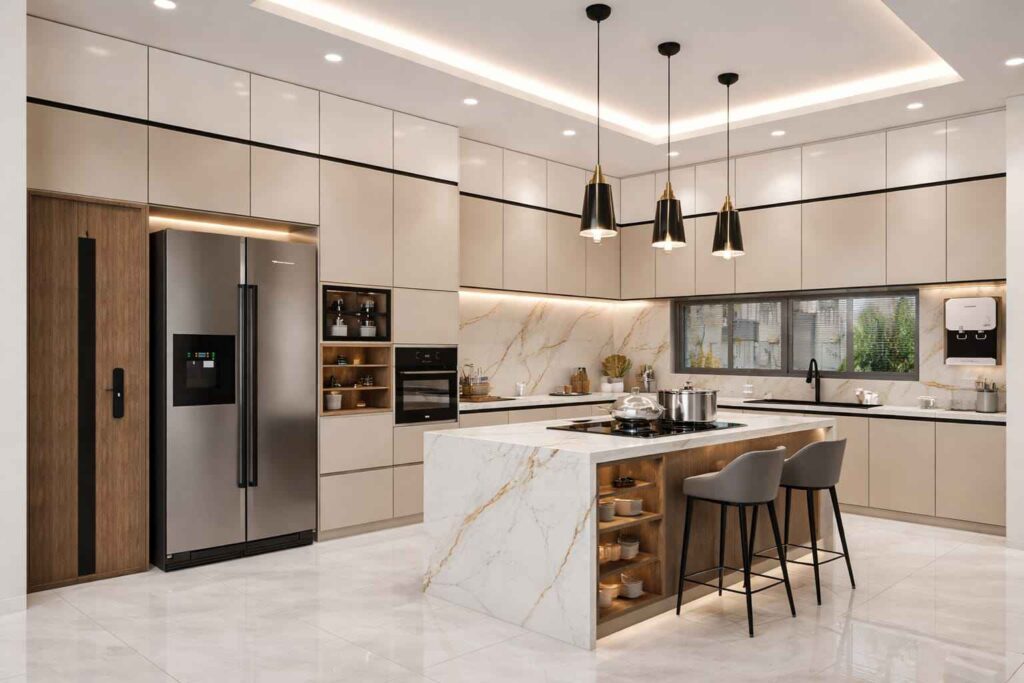 Ultra modern modular kitchen with marble island, beige cabinets, LED lighting, pendant lights, bar stools and built-in appliances