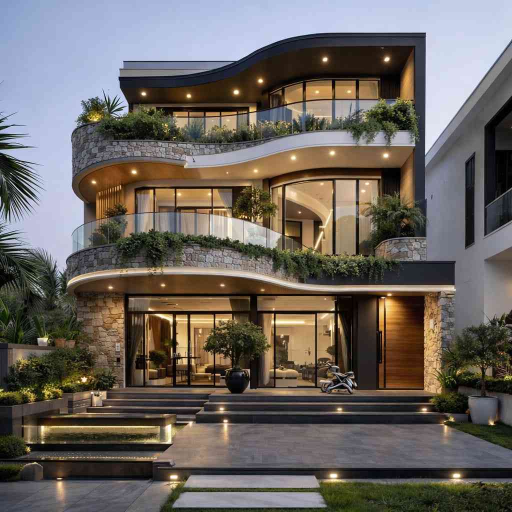 Modern luxury villa with curved design, stone cladding, glass balconies, warm lighting, greenery, and stylish front entrance with steps and water feature.