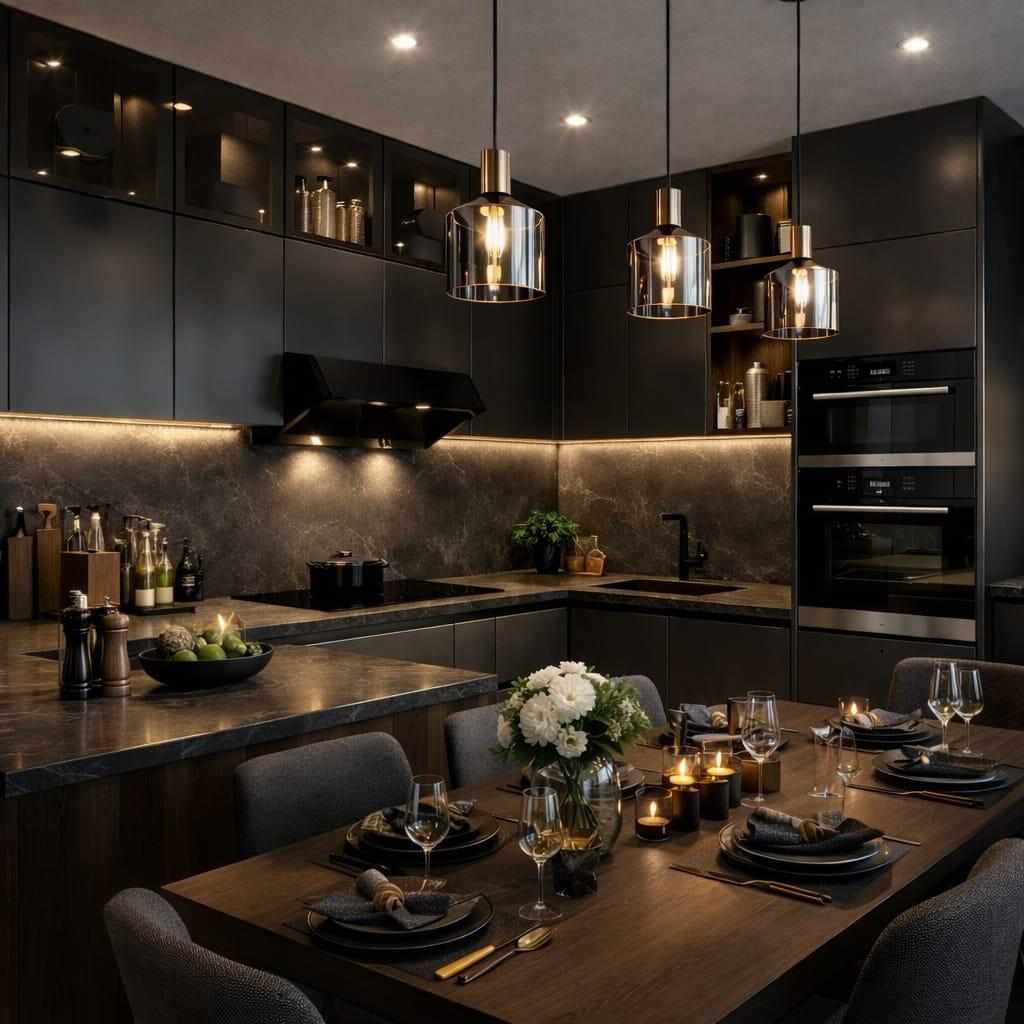 Modern dark luxury kitchen with black cabinets, warm lighting, pendant lights and elegant dining table setup