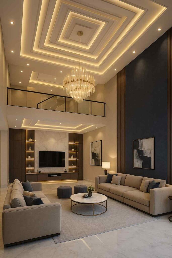 Modern double height living room with layered ceiling design, chandelier lighting, wooden TV panel, beige sofa set, and warm ambient lighting.