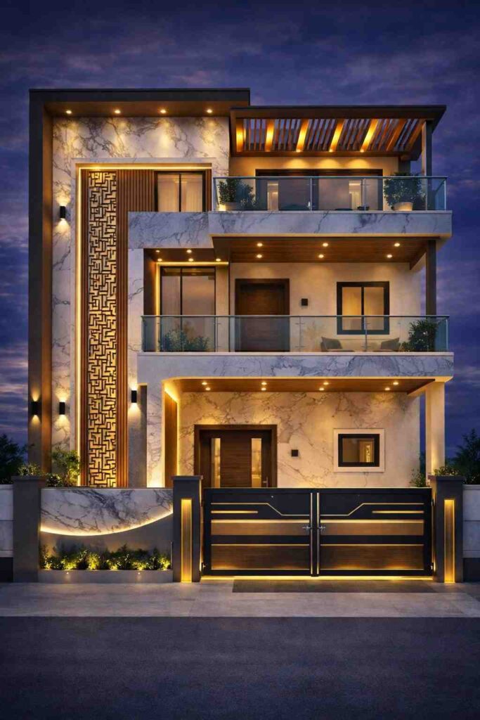 Modern luxury house with marble facade, glass balcony, warm LED lighting, wooden accents, designer vertical panel, and stylish front gate at night.