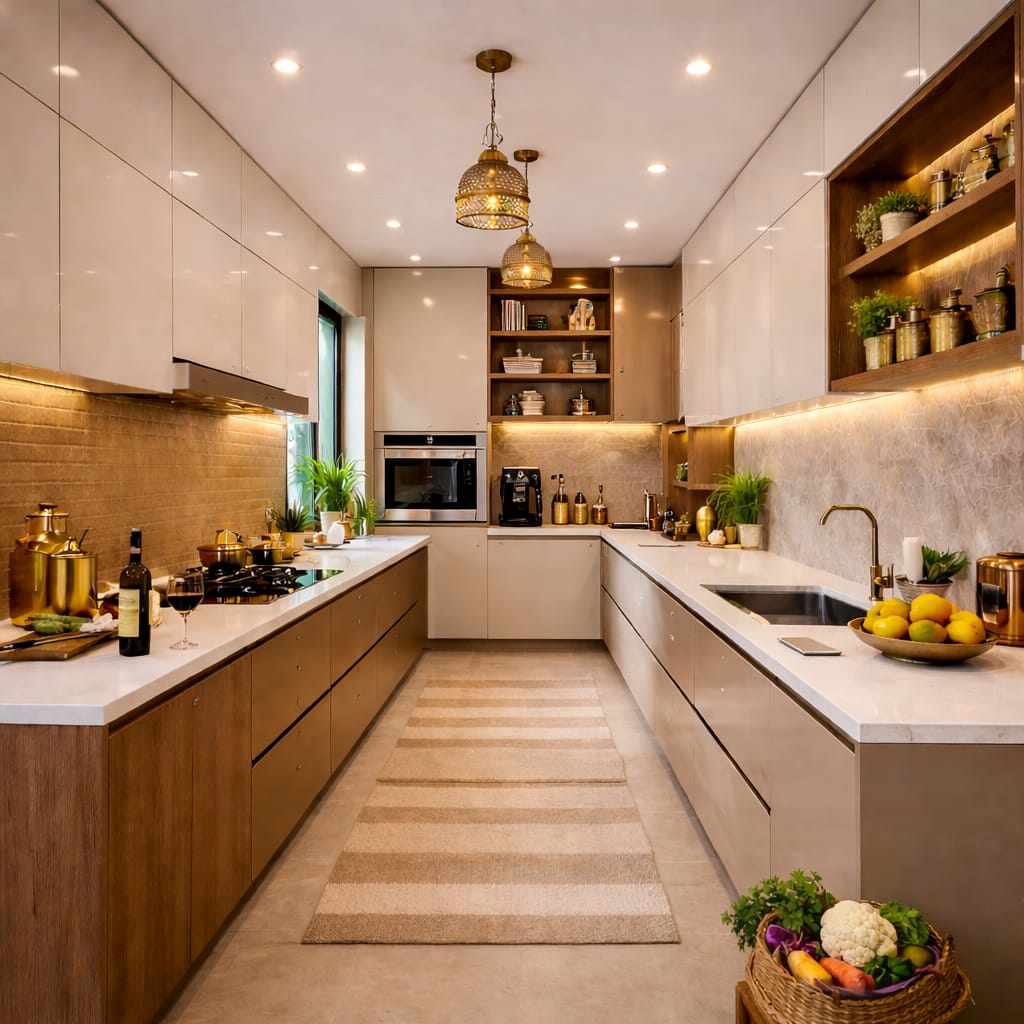 Modern parallel kitchen with wooden cabinets, white countertops, warm lighting and organized storage setup