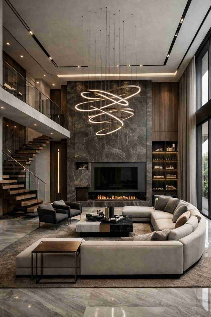 Modern luxury living room with abstract pendant chandelier, dark marble wall, wooden paneling, curved sofa, and double height interior design.