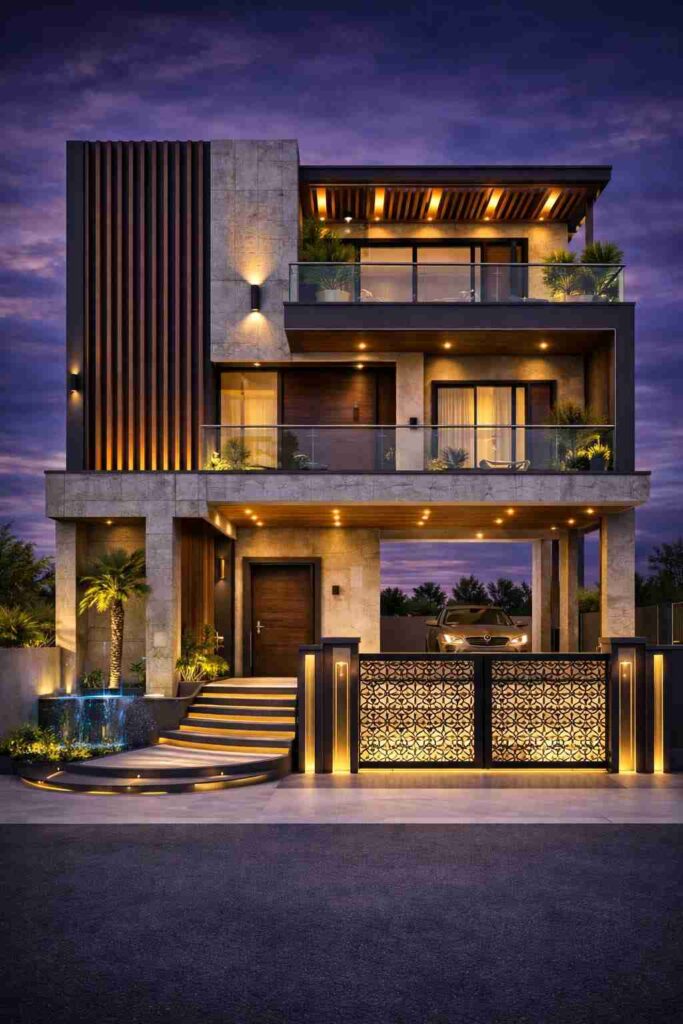 Modern luxury three-storey house with stone finish, wooden panels, glass balcony, warm lighting, designer gate, curved steps, and small water feature at night.