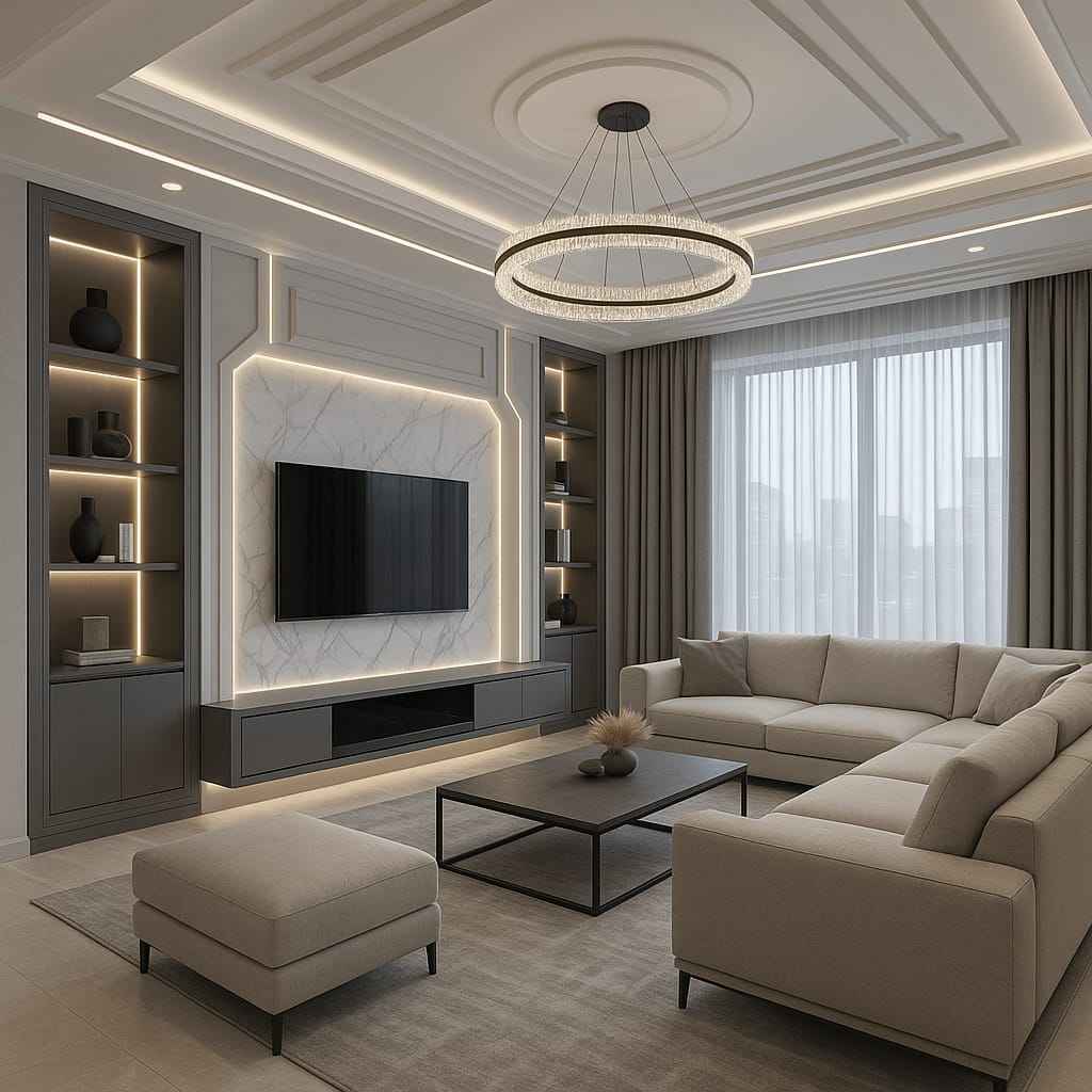 Modern minimal living room with LED panel TV wall, beige sofa set, round chandelier, neutral colour theme, and soft ambient lighting.
