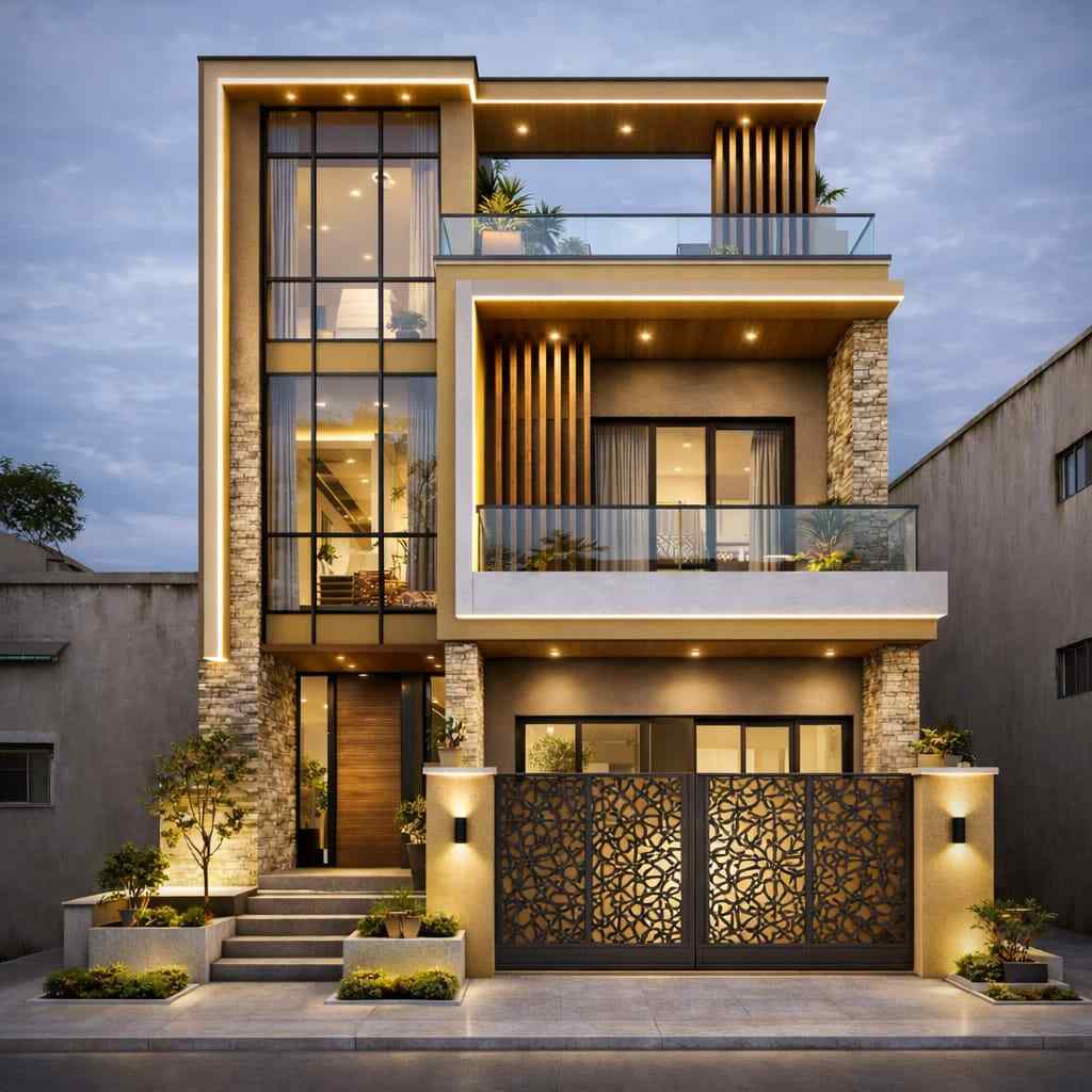 Modern luxury three-storey house with glass facade, stone cladding, wooden panels, warm LED lighting, balcony with glass railing, and designer front gate.