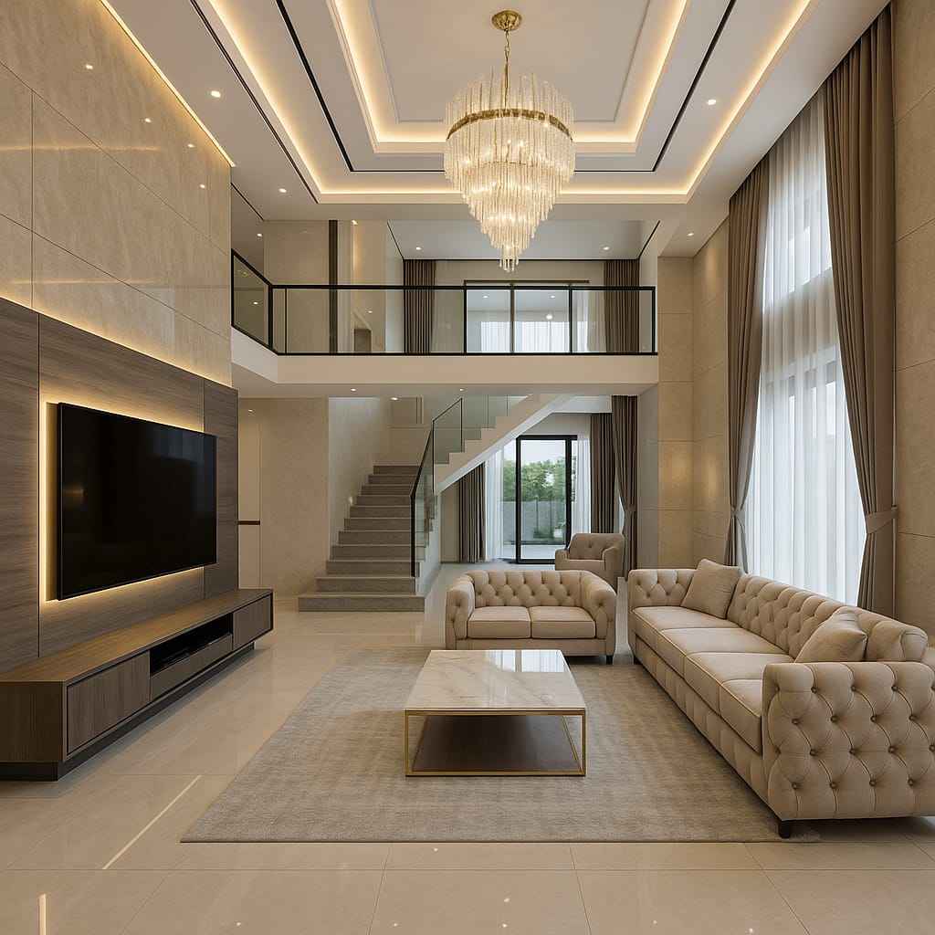 Elegant double height living room with chandelier, marble wall, beige tufted sofa, modern TV unit, and large glass windows with soft lighting.