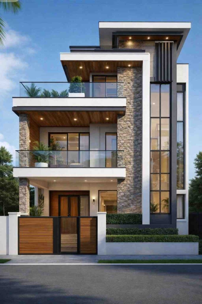 Modern minimalist three-storey house with stone cladding, wooden ceiling, glass balconies, large vertical window, and stylish front gate.