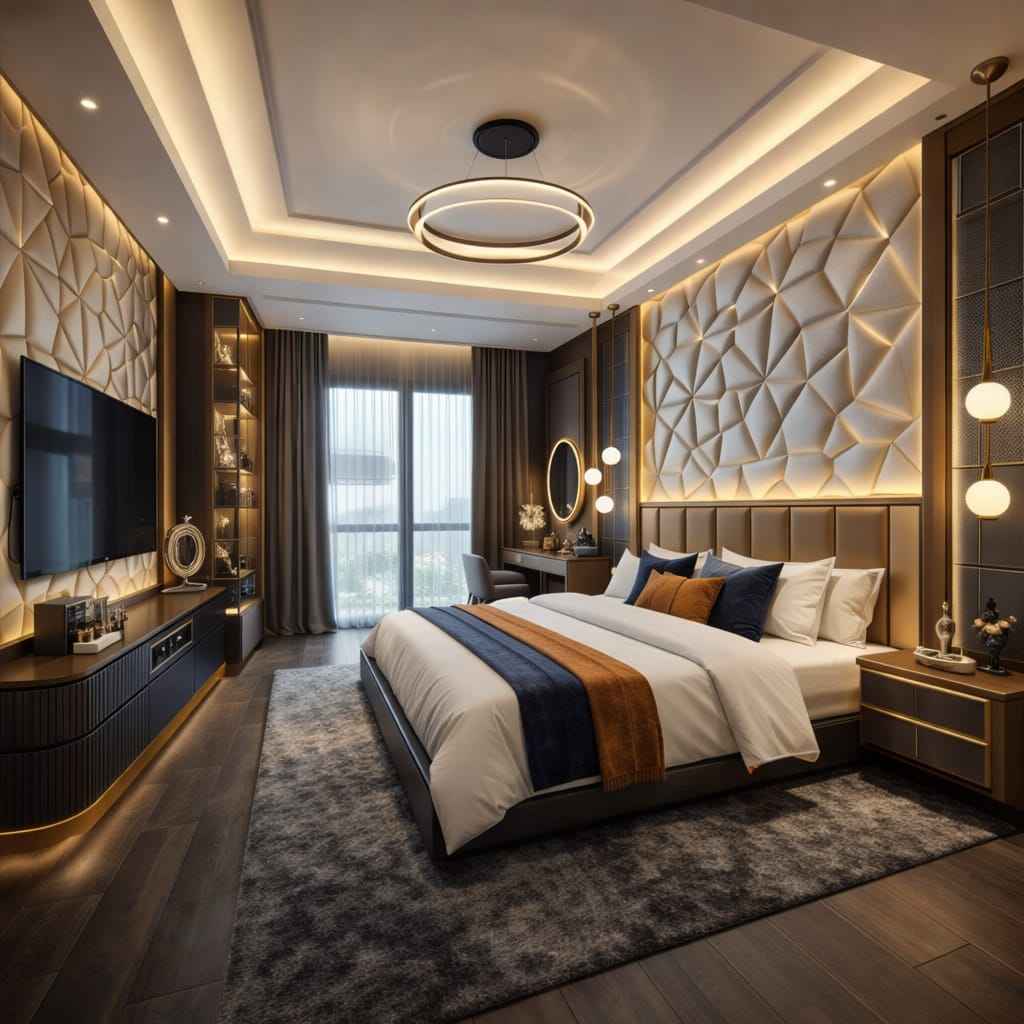 Modern luxury bedroom with 3D wall panels, LED lighting, stylish bed setup, wooden flooring, TV unit, and warm ambient lighting.