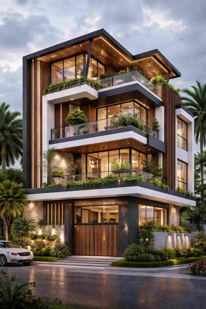 Ultra modern luxury corner house with glass walls, wooden panels, green balconies, warm lighting, and stylish multi-level design with landscaped exterior.