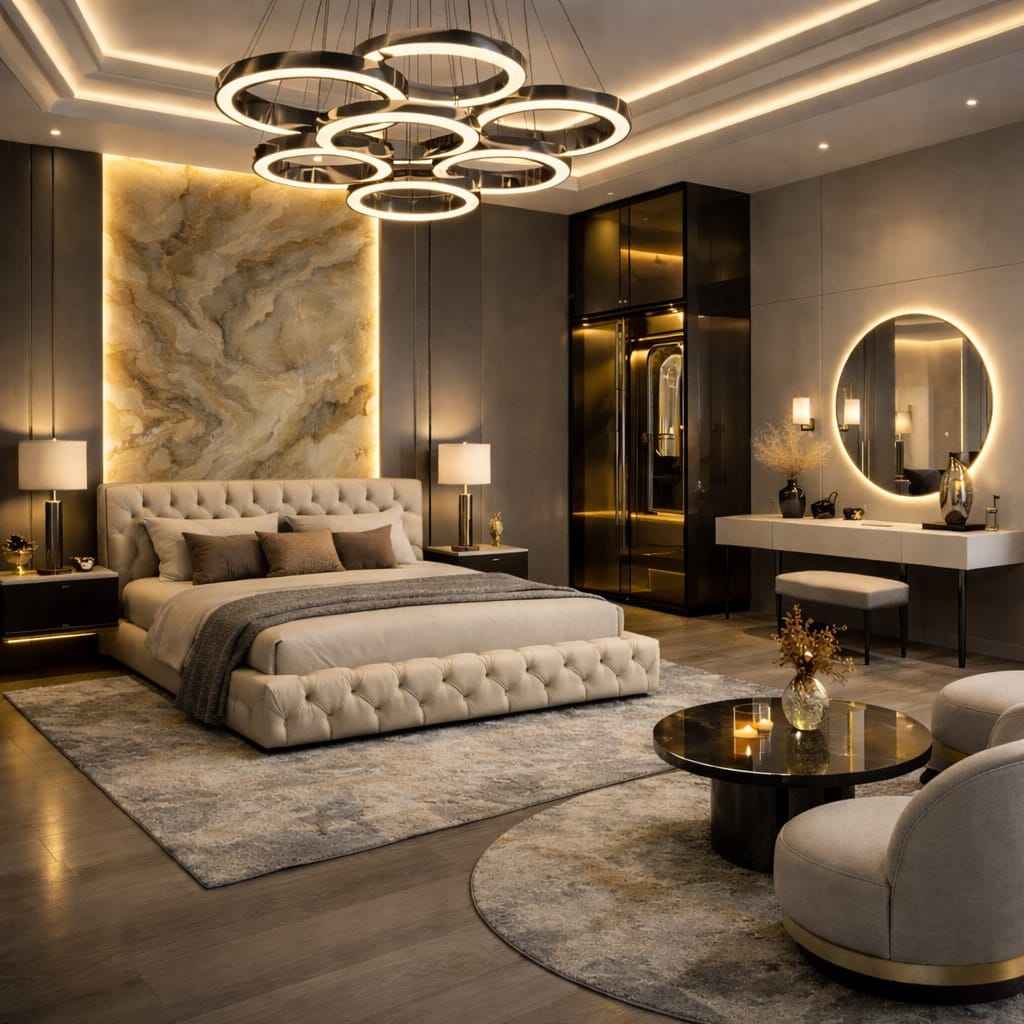 Luxury modern bedroom with ring chandelier, marble accent wall, upholstered bed, vanity setup, warm lighting, and elegant decor.