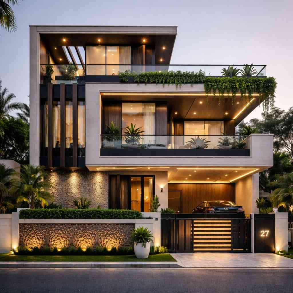 Modern luxury villa with glass balcony, green terrace plants, wooden panels, warm LED lighting, stylish front gate, and covered parking area.