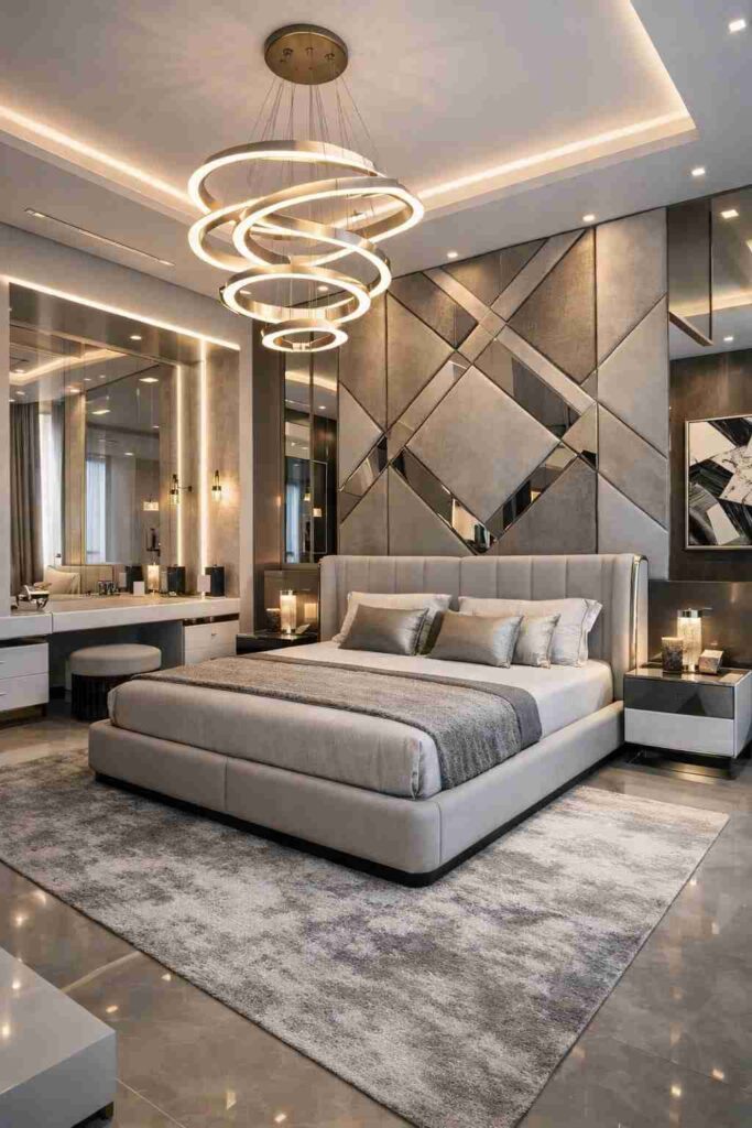 Modern luxury bedroom with geometric wall panels, ring chandelier lighting, upholstered bed, vanity area, and soft ambient lighting design.