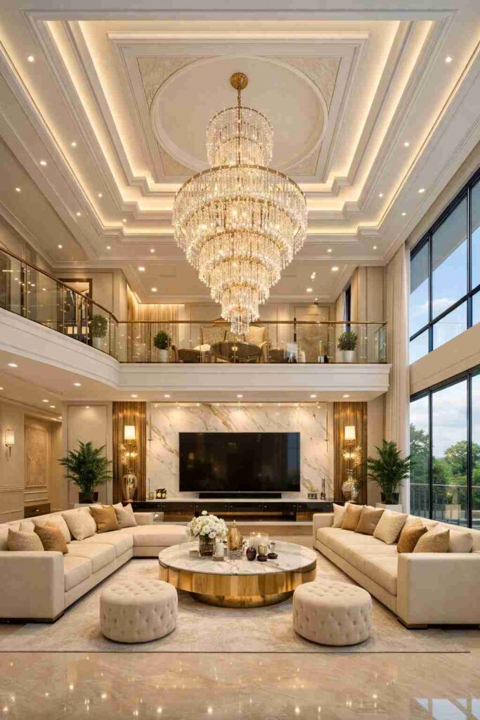 Luxury double height living room with large crystal chandelier, marble TV wall, beige sofas, gold center table, and floor-to-ceiling glass windows.
