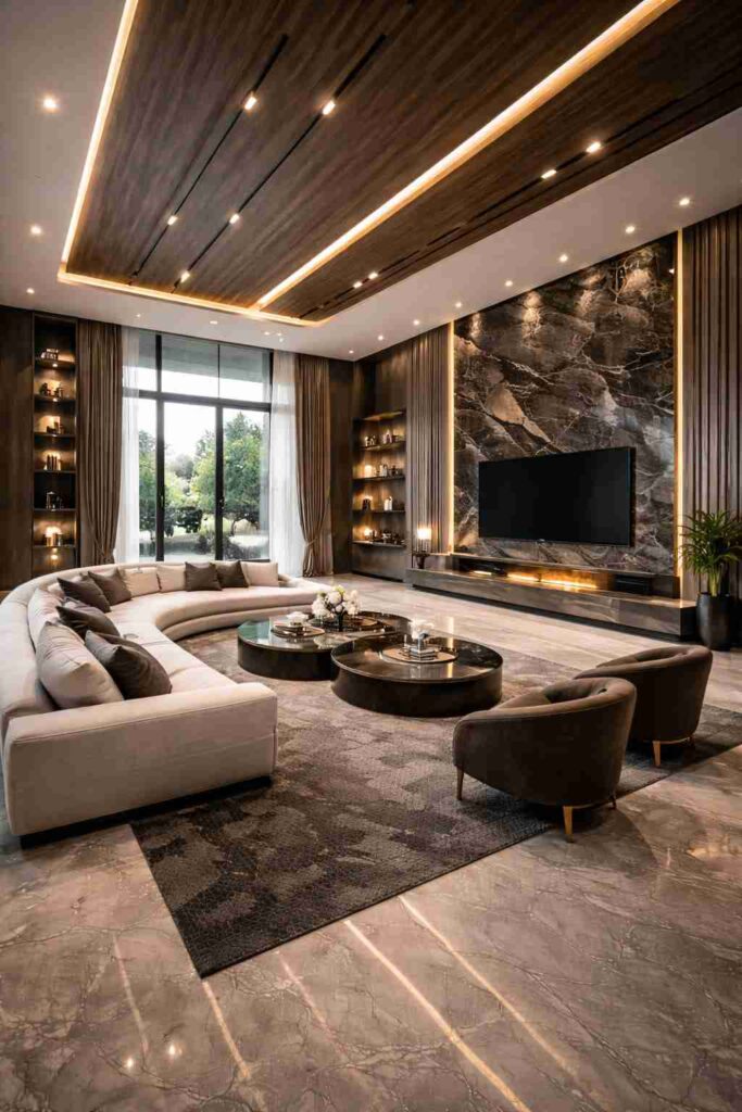Modern luxury living room with marble TV wall, wooden ceiling lighting, curved sofa, large windows and premium interior design