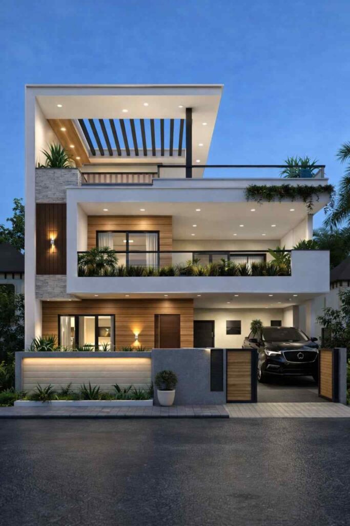 modern 2 floor house elevation design with balcony, glass railing, wooden texture exterior, luxury home front design with car parking and lighting