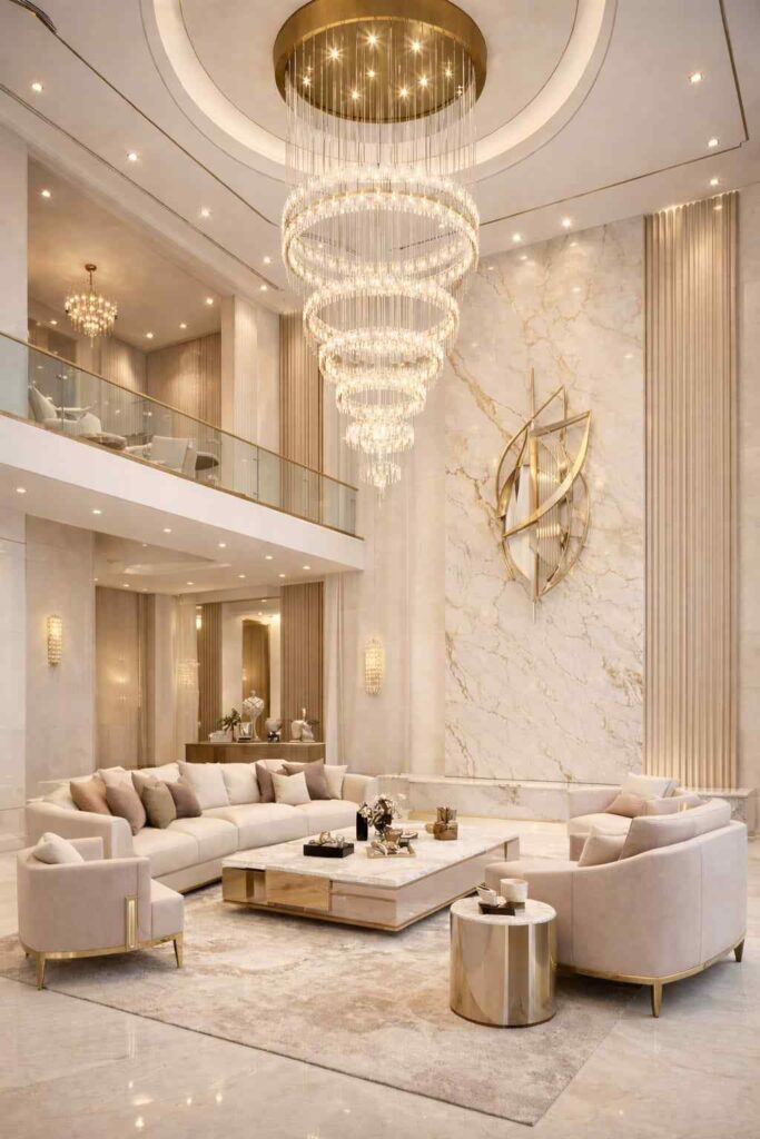 Luxury double height living room interior with large crystal chandelier, marble wall design, beige sofa set, and modern gold accents.