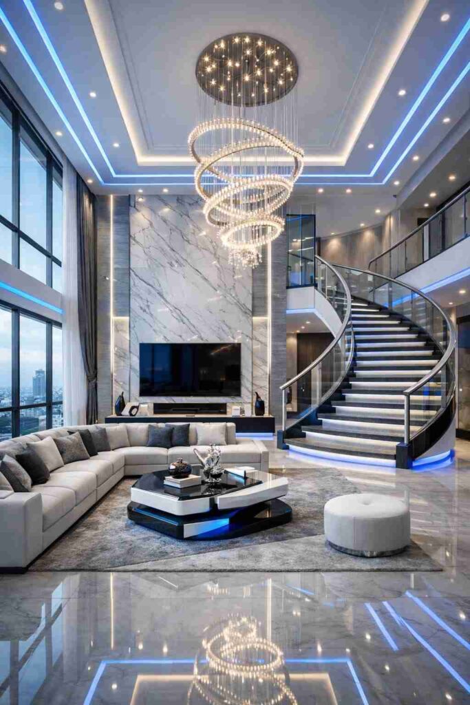 Modern luxury living room with crystal chandelier, marble TV wall, spiral staircase, LED lighting, and large glass windows