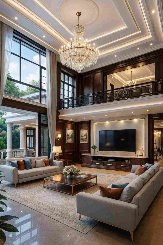 Luxury double height living room with crystal chandelier, wooden wall paneling, large glass windows, modern sofas, and elegant TV unit design.