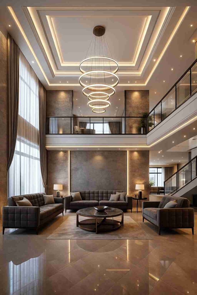 Modern luxury double height living room with chandelier lighting, false ceiling design and elegant sofa setup