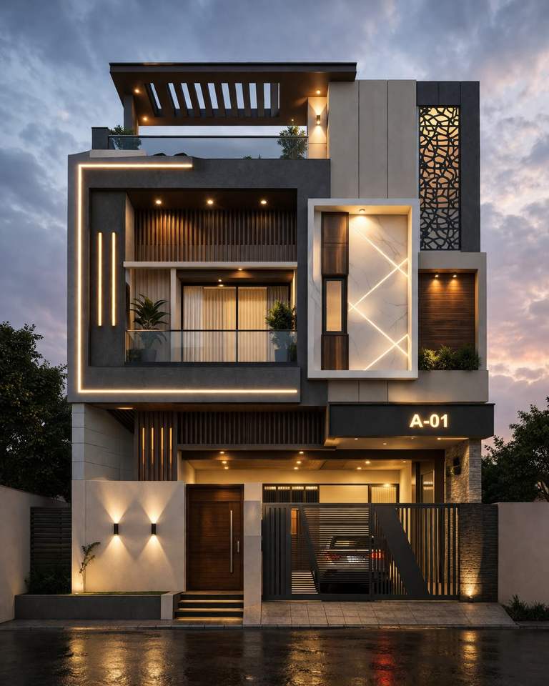 Contemporary house facade with glass balcony, vertical wood detailing, geometric wall panels, and warm exterior lighting.