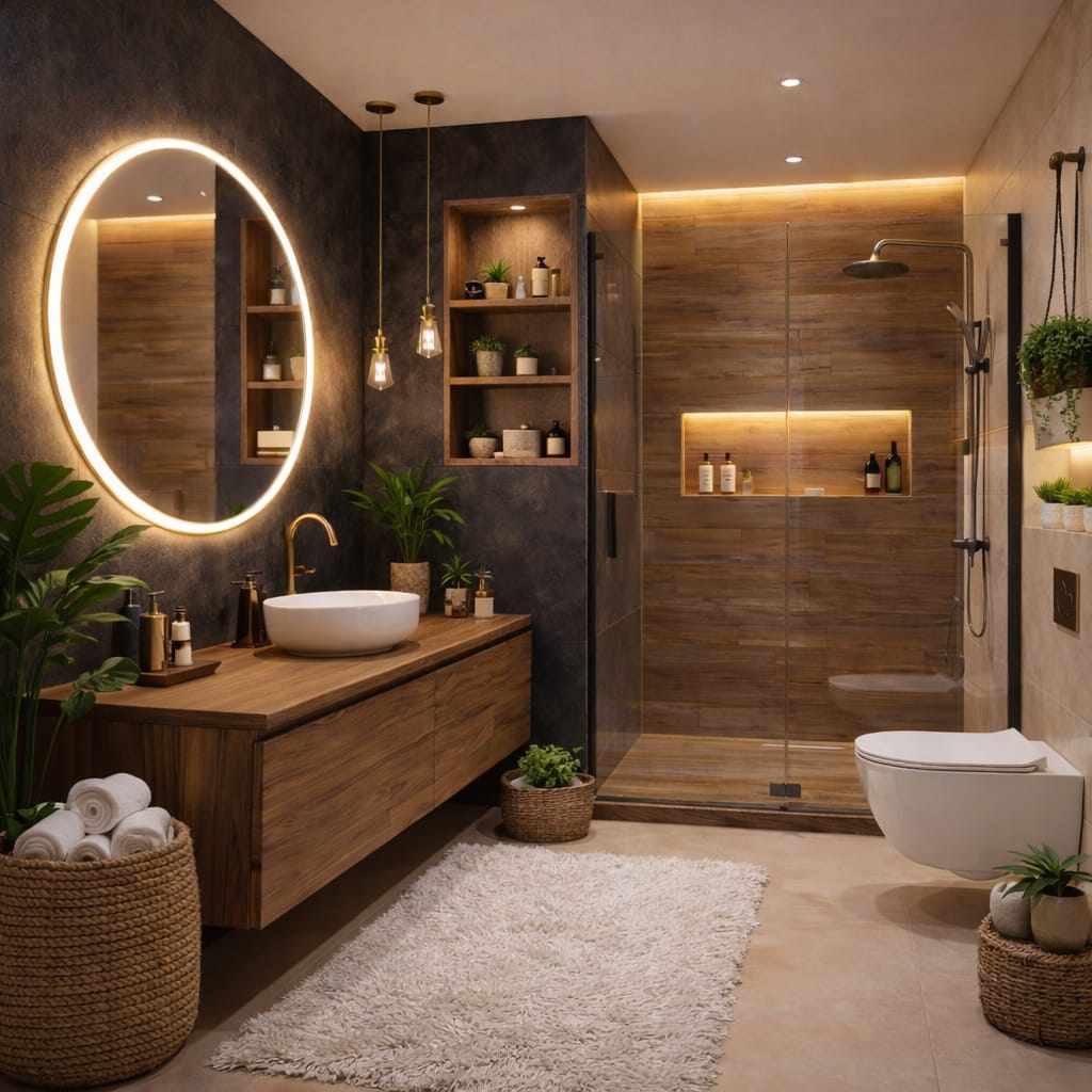 Modern wooden bathroom interior with LED oval mirror, glass shower enclosure, floating vanity, warm ambient lighting, and cozy spa-style decor.