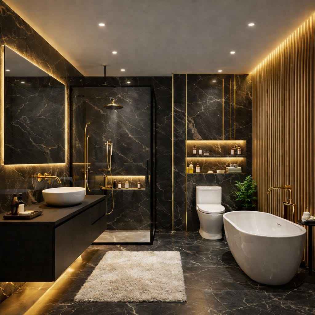 Luxury black marble bathroom interior with gold accents, glass shower cabin, freestanding bathtub, warm LED lighting, and modern premium decor.