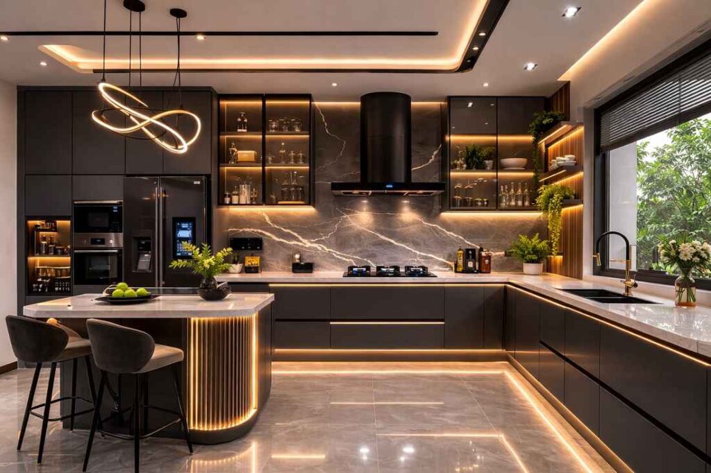 Modern dark luxury kitchen interior with matte black cabinets, marble backsplash, warm LED lighting, elegant island counter, pendant lights, and premium contemporary décor.