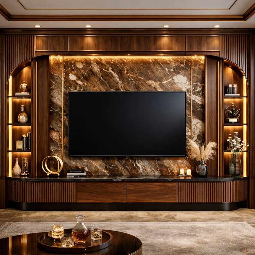 Luxury dark wooden TV wall panel design with marble backdrop, warm LED lighting, curved decorative shelves, elegant entertainment unit, and premium contemporary living room décor.
