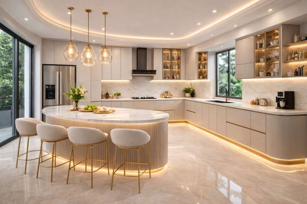 Elegant white luxury kitchen interior with curved marble island, warm LED lighting, modern pendant lights, stylish seating, and contemporary premium décor.