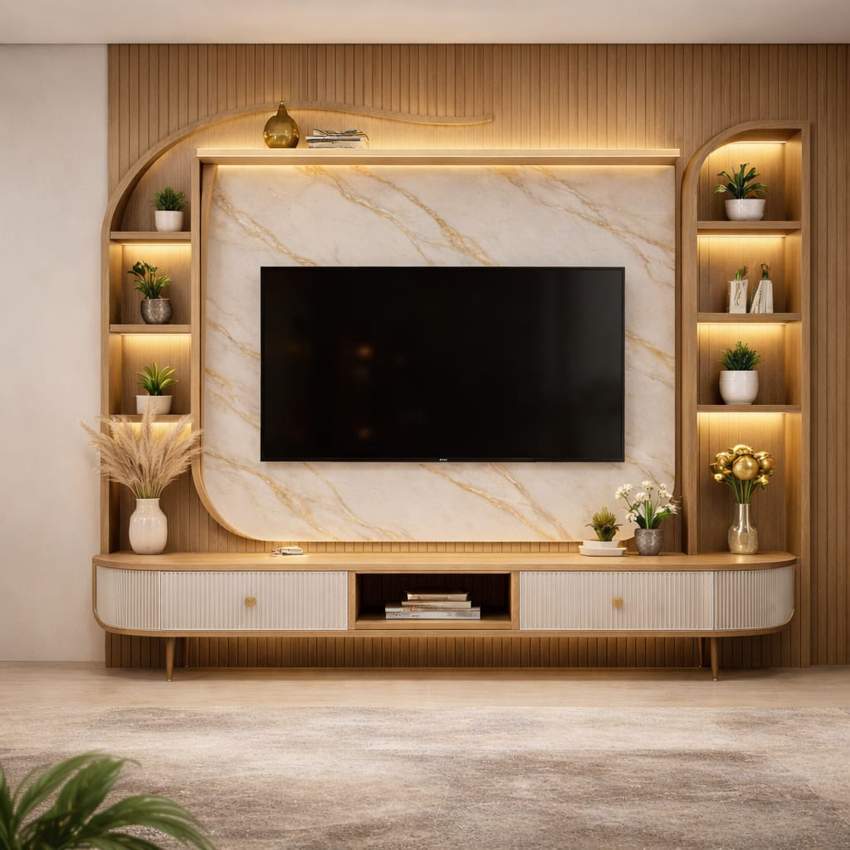 Elegant wooden TV wall panel design with marble backdrop, warm LED lighting, curved decorative shelves, floating entertainment unit, and modern living room décor.