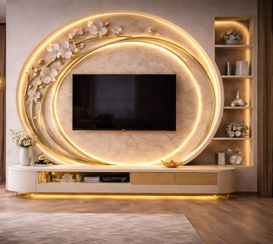 Luxury floral TV wall panel design with circular LED lighting, marble texture, floating console unit, decorative shelves, and elegant modern living room interior.
