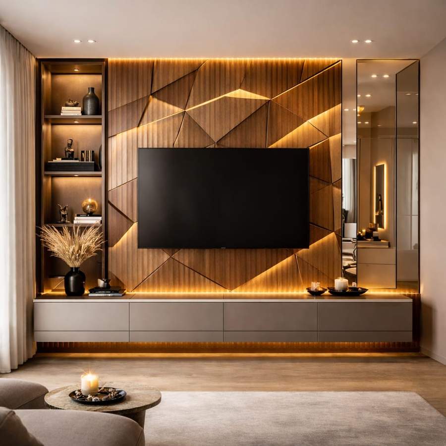 Modern geometric wooden TV wall panel with warm LED lighting, floating console unit, illuminated shelves, and stylish contemporary living room interior.
