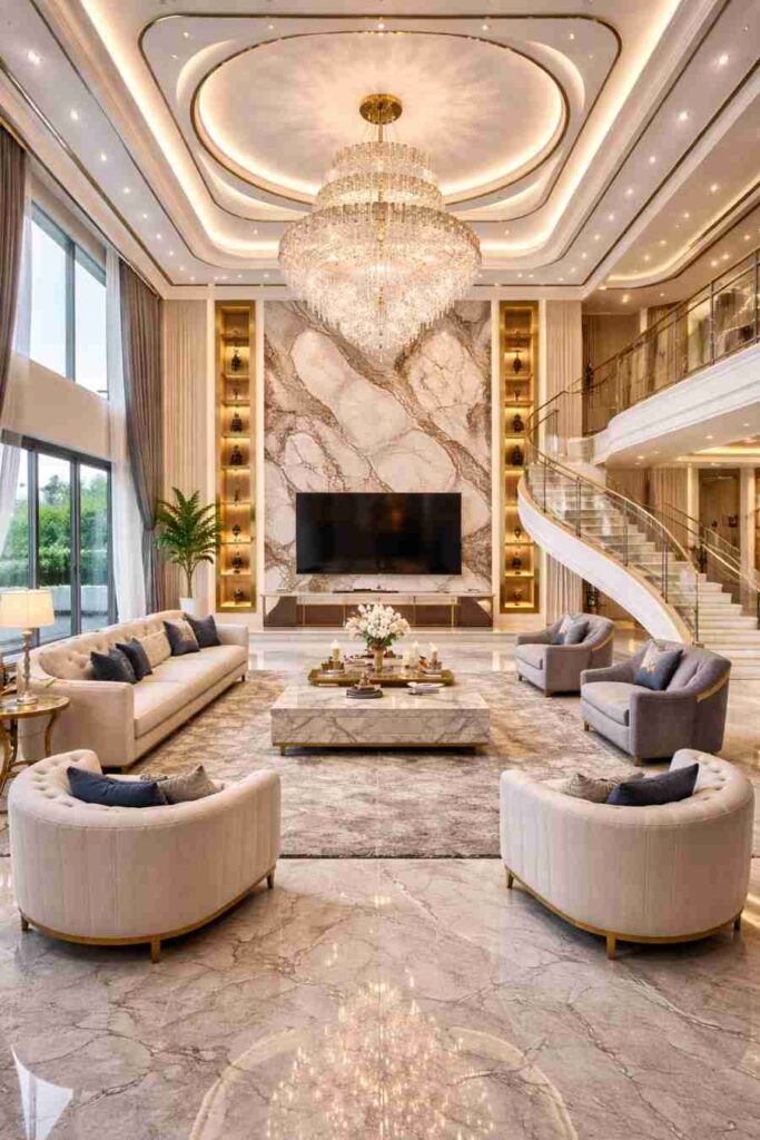 Grand luxury double-height living room interior with crystal chandelier, curved staircase, marble TV wall, premium furniture, warm lighting, and modern royal décor.