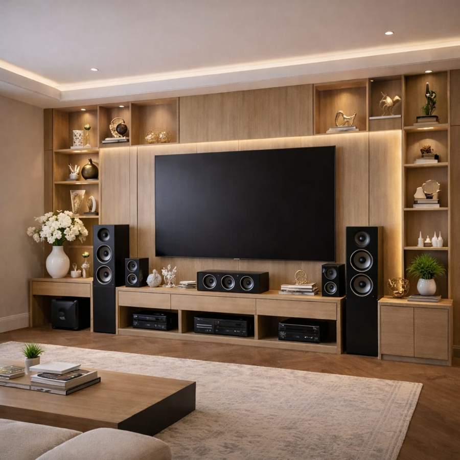 Modern home theater TV wall unit with wooden panel design, built-in shelves, surround sound speakers, warm LED lighting, and elegant contemporary living room interior.