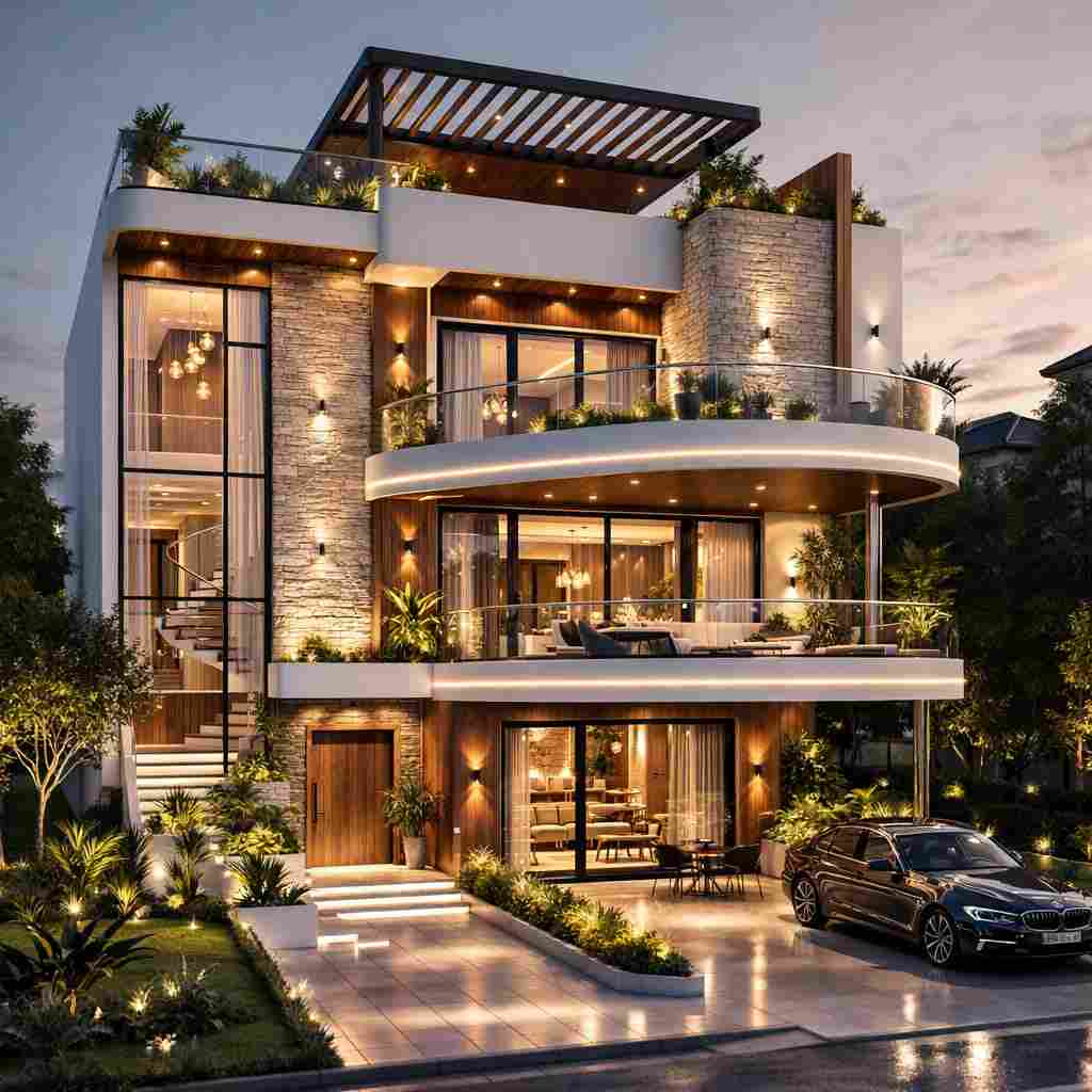 Modern ultra luxury 3-floor house exterior design with curved balconies, warm LED lighting, glass railing, stone wall texture, rooftop seating area, and premium contemporary architecture.